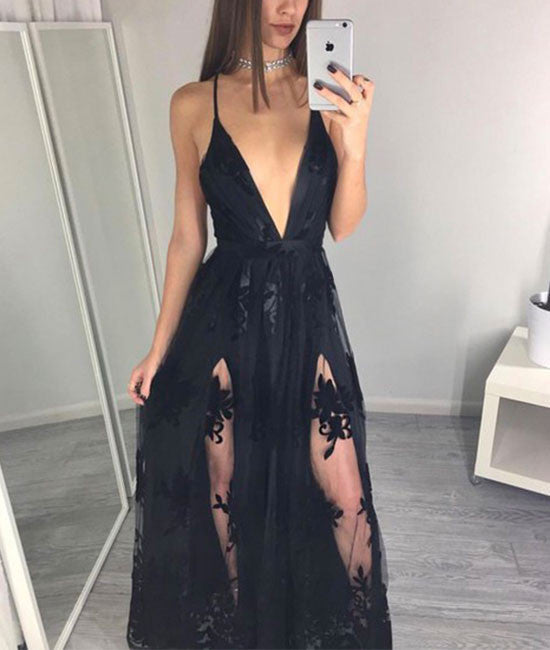 Unique Black v neck lace long prom dress, black evening dress for teens