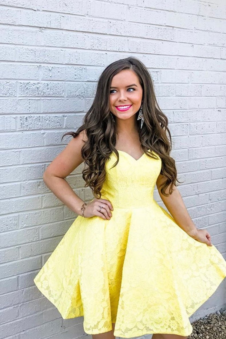 Cute yellow lace short prom dress yellow homecoming dress