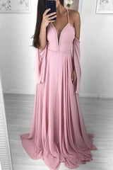 Pink sweetheart chiffon long prom dress, pink evening dress