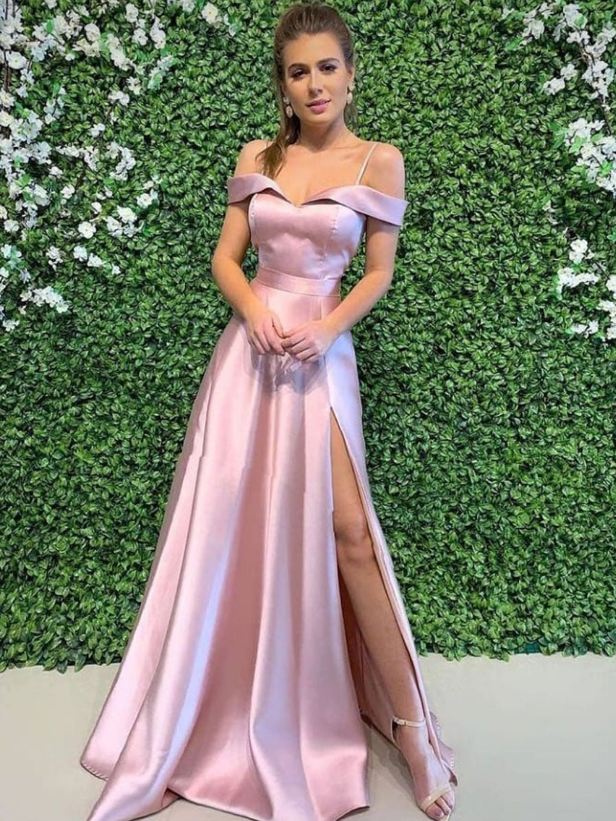 Simple pink off shoulder long prom dress, pink evening dress