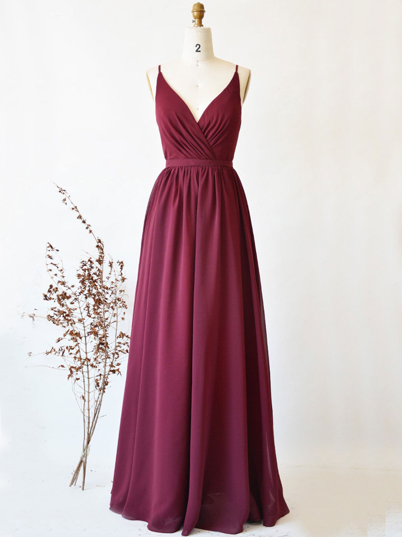 Simple burgundy chiffon lace long prom dress, burgundy evening dress