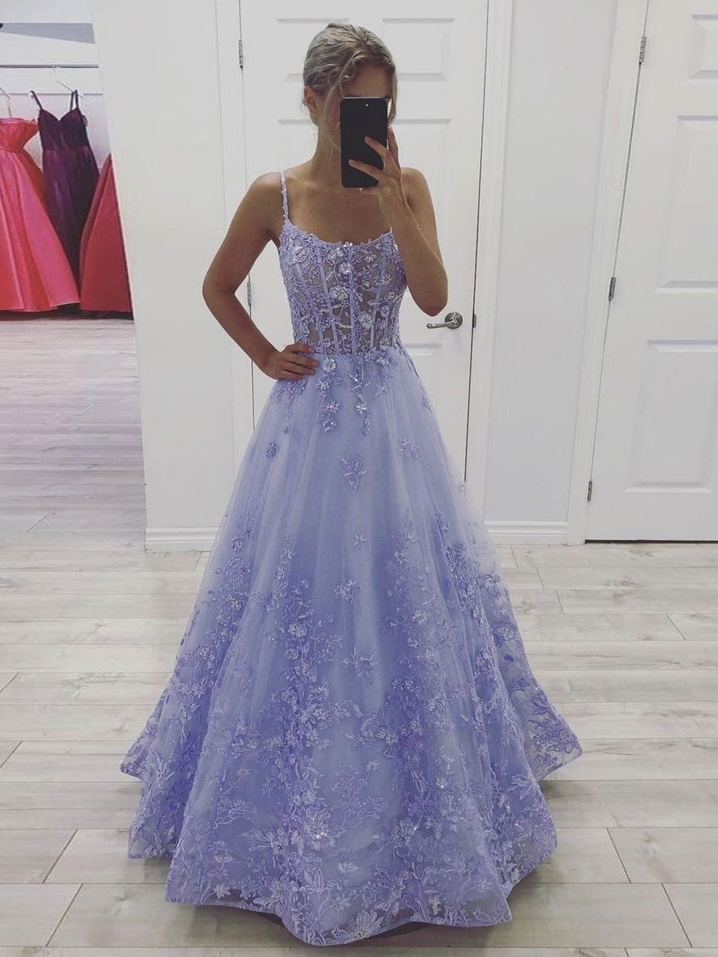 Purple lace A line tulle long prom dress, purple evening dress