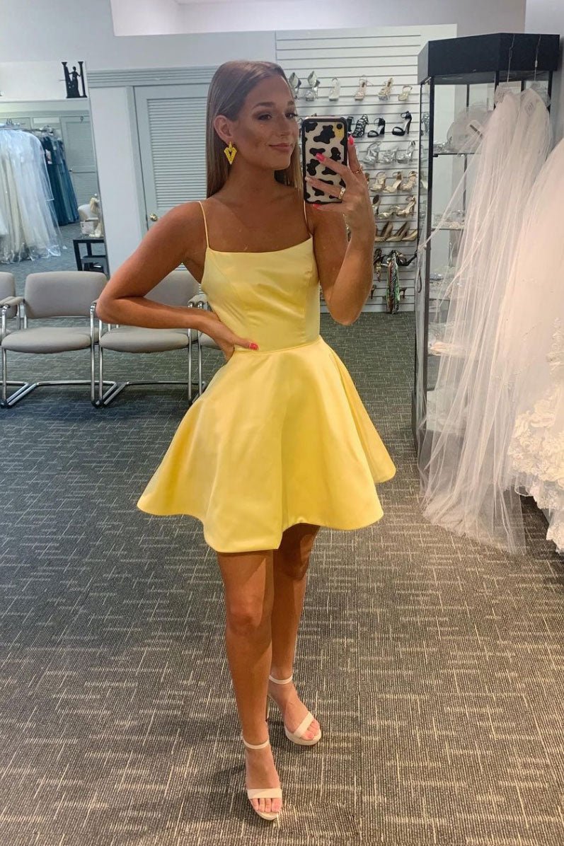 Simple yellow satin short prom dress yellow homecoming dress