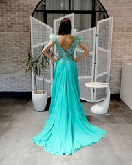 Green round neck chiffon lace long prom dress, lace evening dress