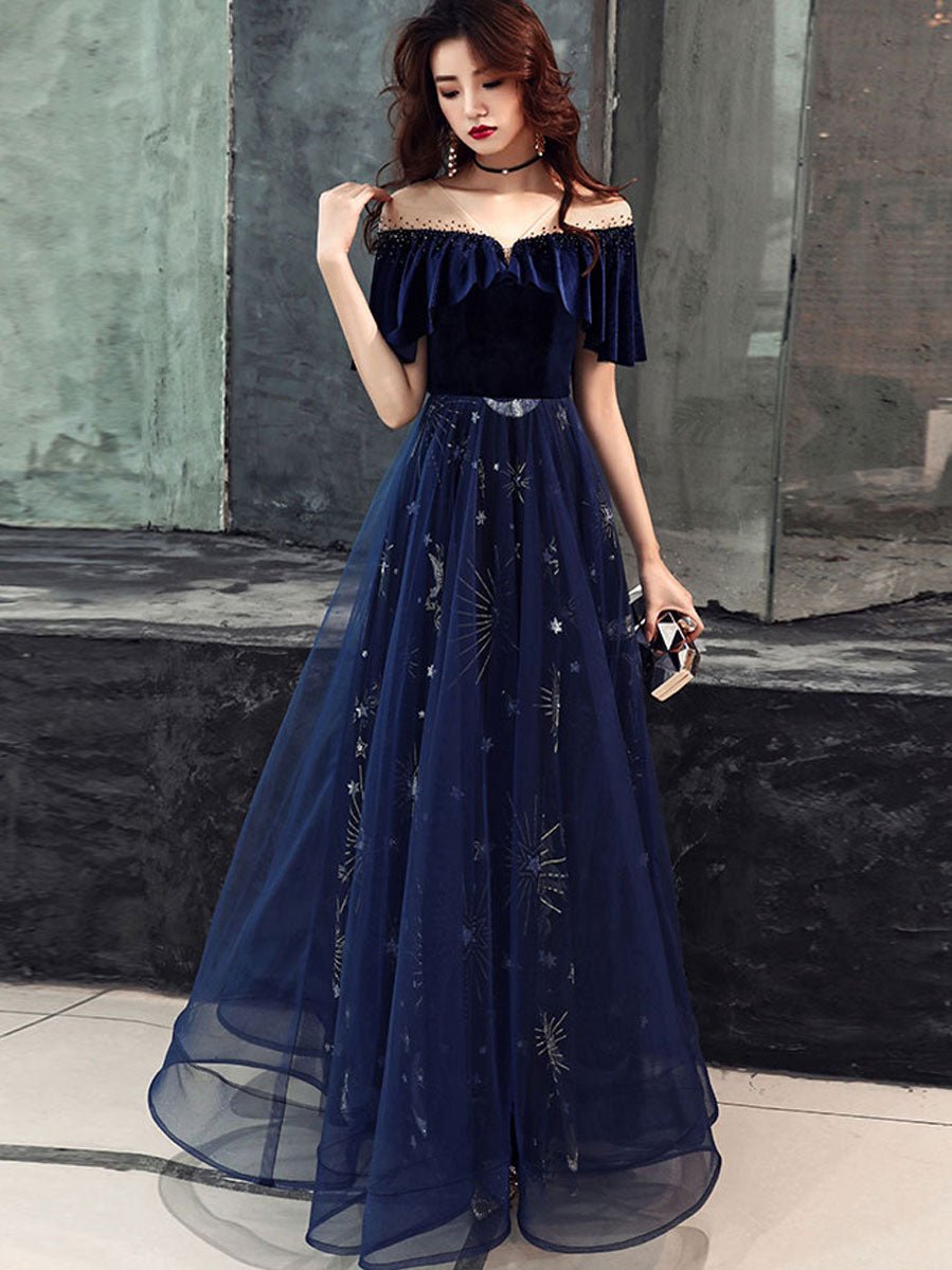 Blue v neck tulle lace long prom dress, blue tulle formal dress