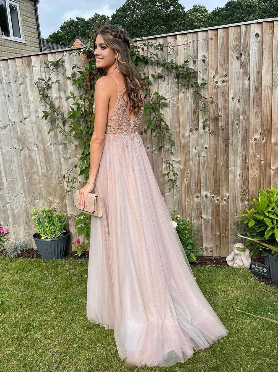 Light pink v neck tulle beads long prom dress, light pink evening dress