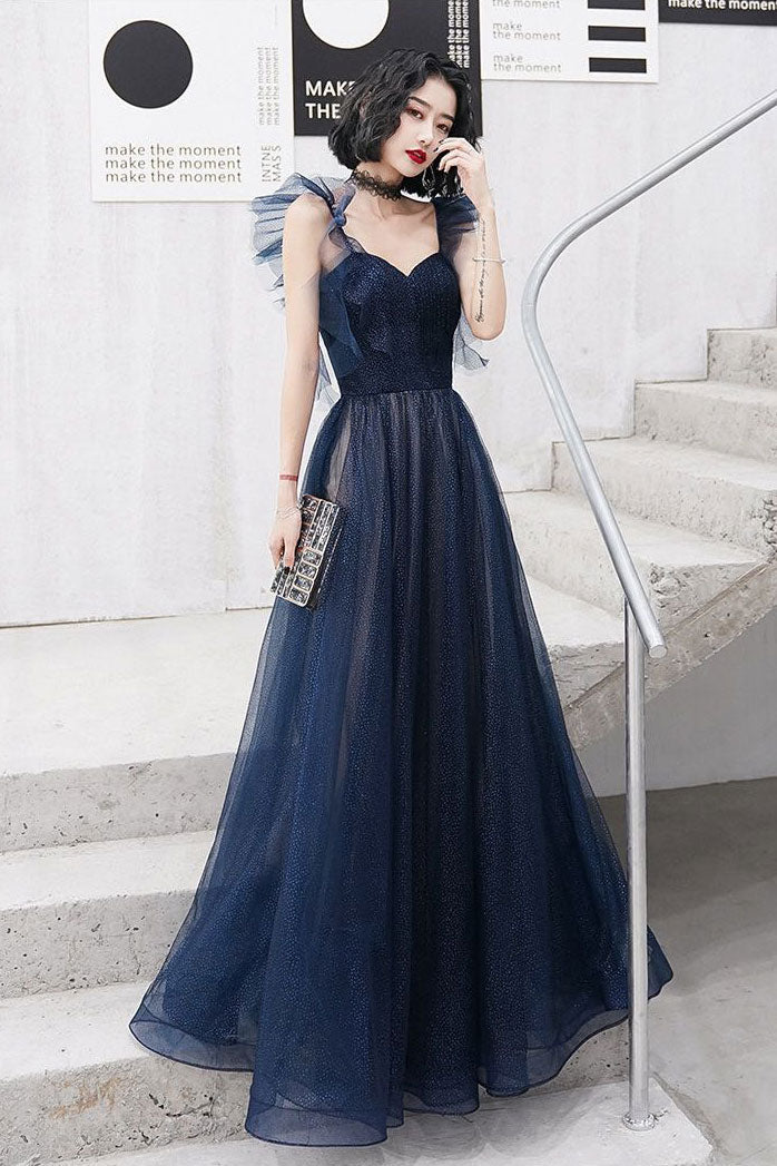 Dark blue sweetheart tulle long prom dress blue tulle formal dress