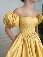 Yellow A line satin long prom dress, yellow evening dress