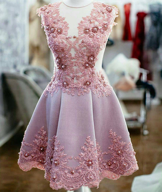 Cute pink lace short prom dress, homecoming dress