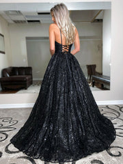 Black A line tulle sequin long prom dress, black tulle formal dress