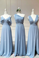 Simple blue chiffon long prom dress blue chiffon bridesmaid dress