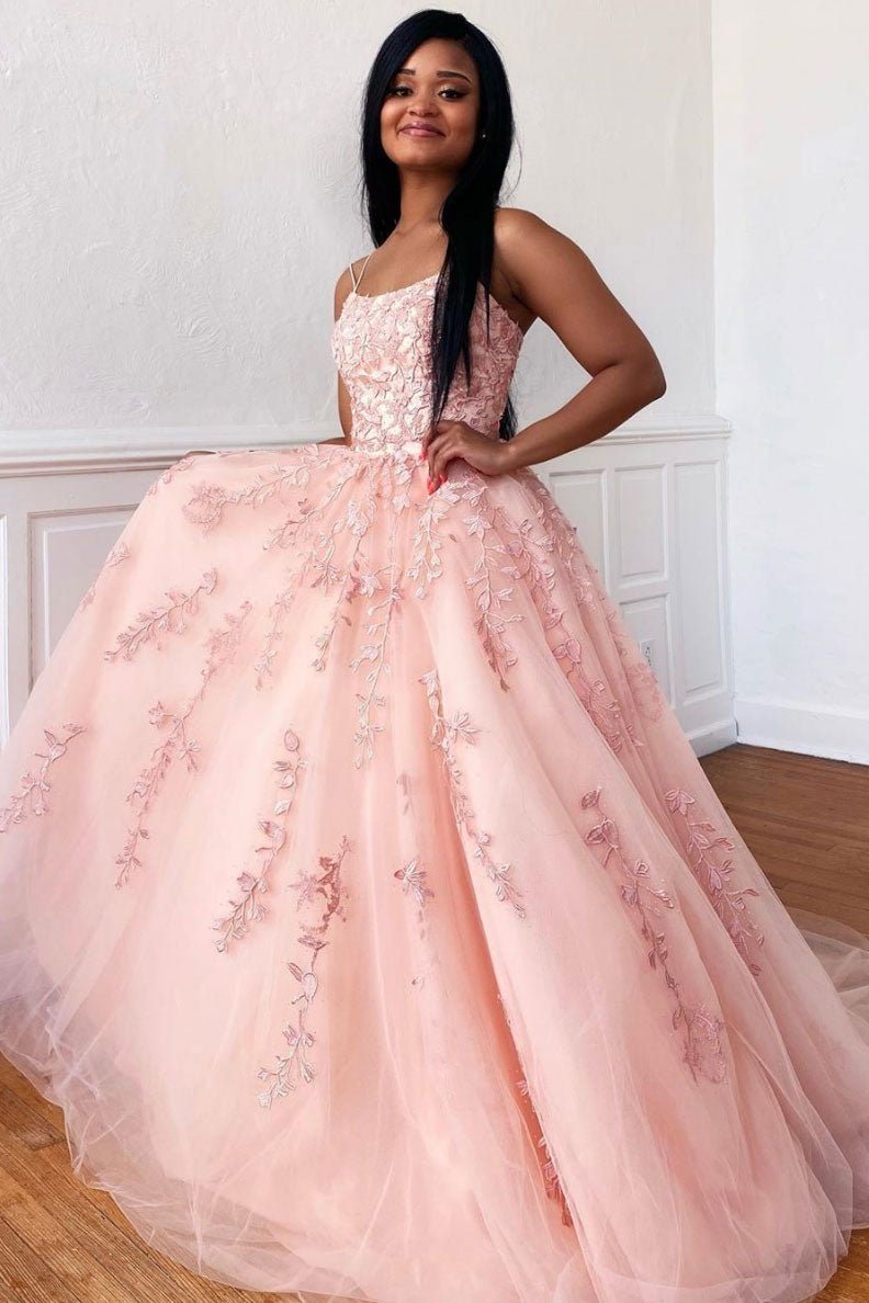 Pink tulle lace long prom dress pink lace formal dress