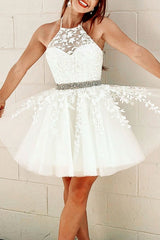 White tulle lace short prom dress white lace homecoming dress