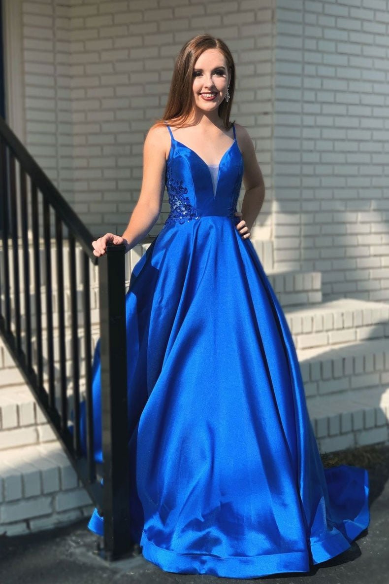 Blue v neck satin long prom dress blue evening dress