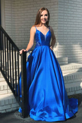 Blue v neck satin long prom dress blue evening dress