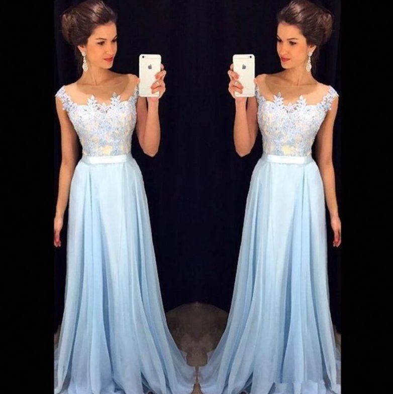 Sky Blue Robe De Soiree A-line Cap Sleeves Chiffon Lace Sexy Long Women Party Prom Dresses Prom Gown Evening Dresses