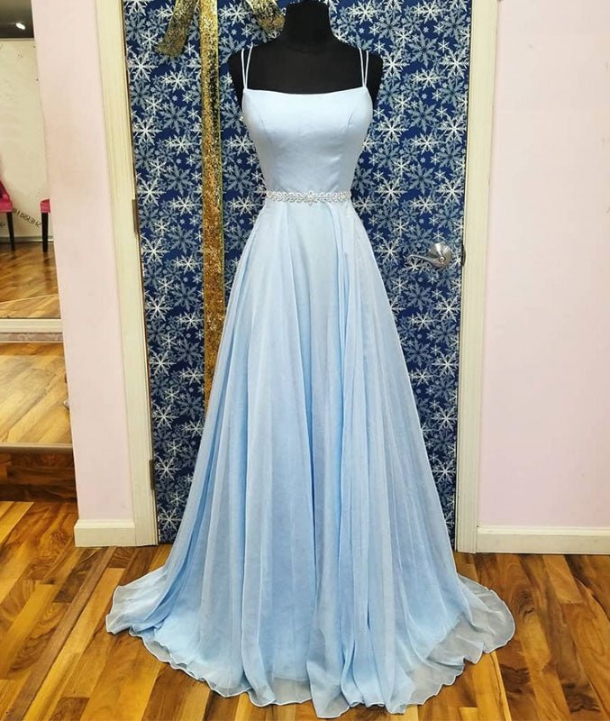 Simple satin blue long prom dress, blue evening dress