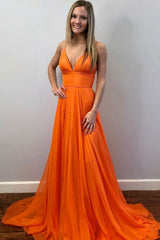 Simple Orange v neck chiffon long prom dress orange evening dress