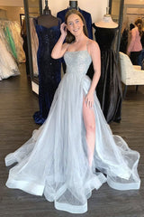 Gray tulle sequin long prom dress gray formal dress