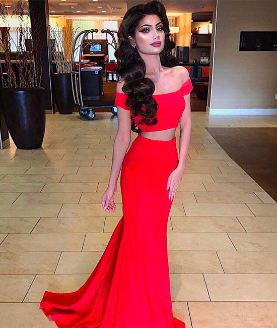 Simple red two pieces prom dress, red evening dress