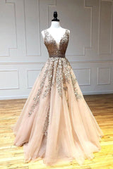 Champagne v neck tulle lace beads long prom dress tulle formal dress