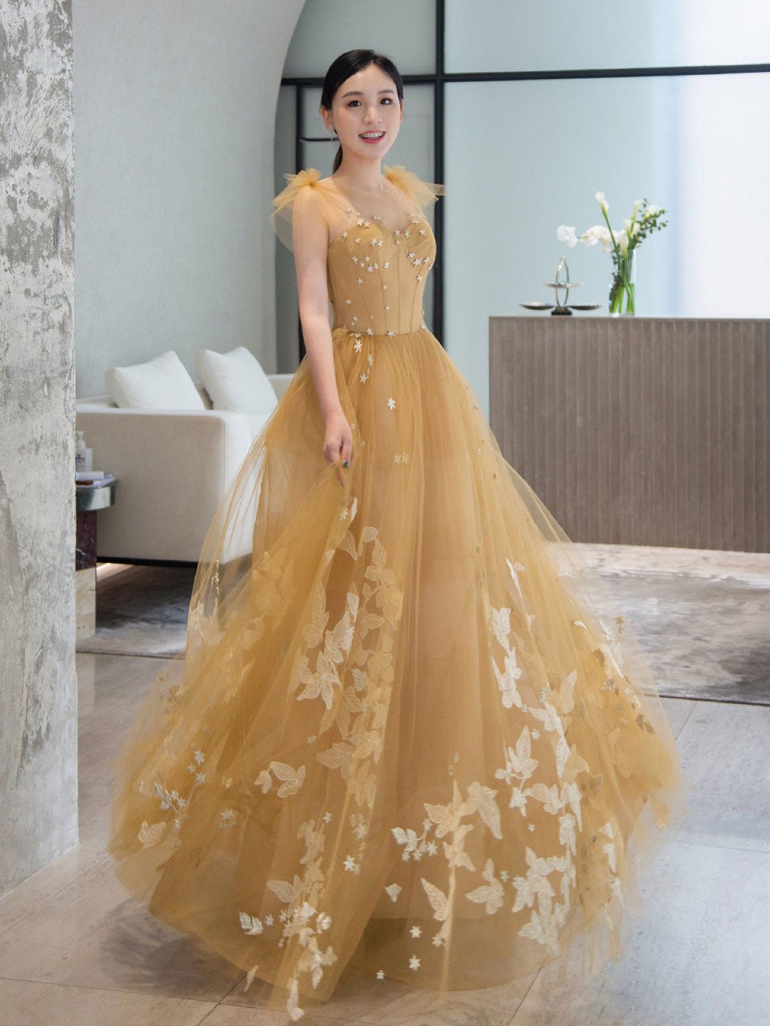 Elegant sweetheart neck tulle lace long prom dress, lace evening dress