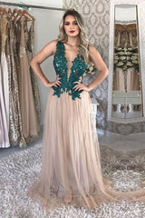 Champagne v neck tulle lace long prom dress champagne tulle formal dress