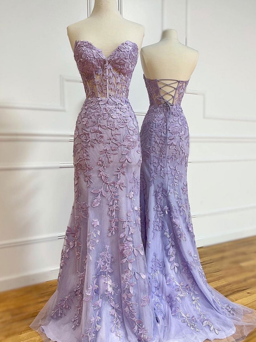 Purple sweetheart neck tulle lace mermaid long prom dress