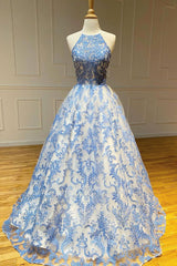 Blue high neck tulle lace long prom dress blue lace evening dress