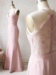 Pink v neck satin lace long prom dress, lace bridesmaid dress