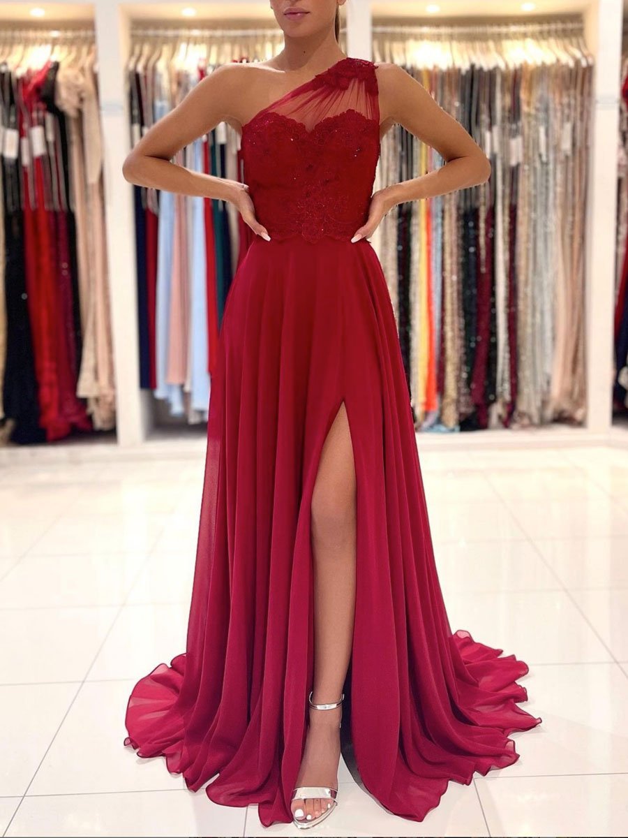 Red one shoulder chiffon lace long prom dress, red evening dress