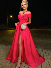 Red off shoulder satin long prom dress, red evening dress