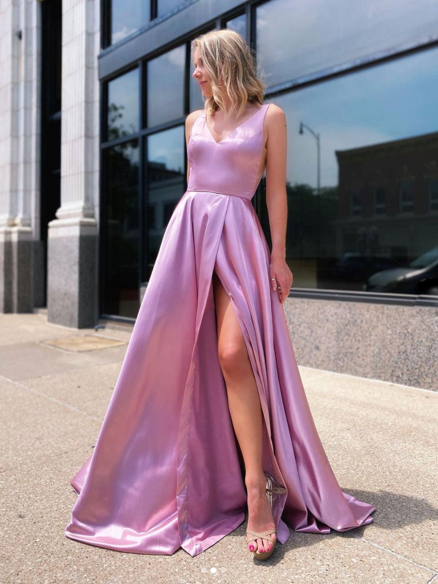 Simple pink satin long prom dress, pink long bridesmaid dress