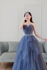 Blue sweetheart neck tulle long prom dress blue tulle formal dress