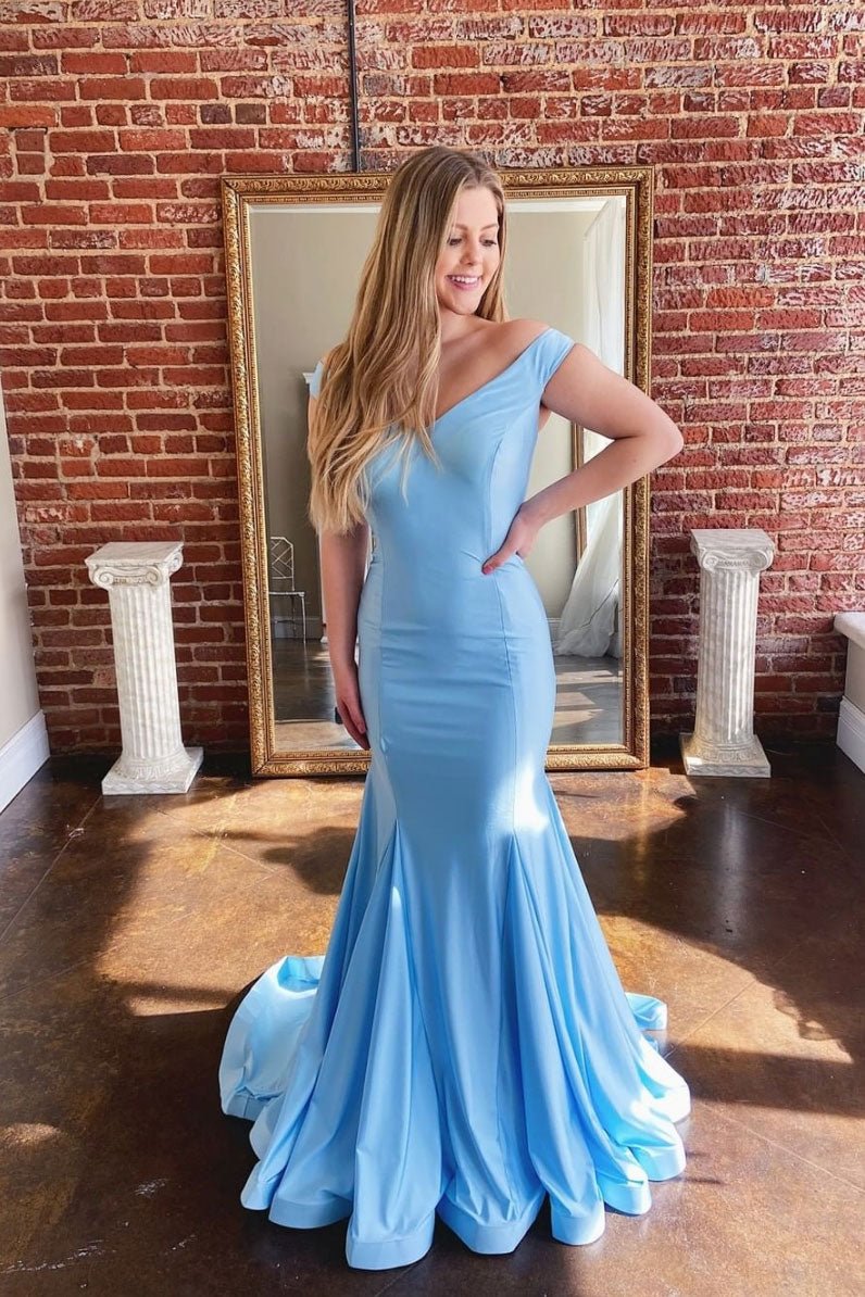 Blue satin long prom dress blue formal dress