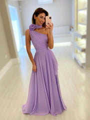 Simple purple one shoulder chiffon long prom dress, purple evening dress