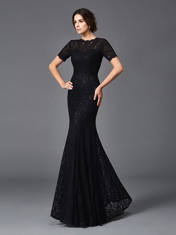 Sheath/Column Jewel Lace Short Sleeves Long Elastic Woven Satin Mother of the Bride Dresses