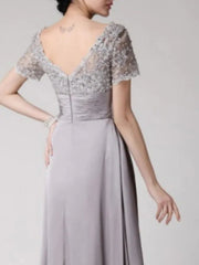 A-Line Mother of the Bride Dress Elegant Square Neck Floor Length Lace Charmeuse Short Sleeve with Lace Sash / Ribbon Beading