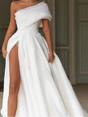 A-Line Wedding Dresses One Shoulder Sweep / Brush Train Chiffon Over Satin Short Sleeve Simple Modern with Split Front