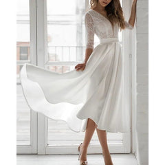 A-Line Wedding Dresses V Neck Asymmetrical Tea Length Lace Satin 3/4 Length Sleeve Vintage 1950s with Pleats