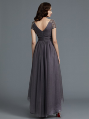 A-Line/Princess V-neck Short Sleeves Asymmetrical Tulle Mother of the Bride Dresses