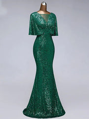 Mermaid / Trumpet Sparkle Elegant Prom Formal Evening Dress Illusion Neck Half Sleeve Floor Length Sequined with Sequin Ruffles