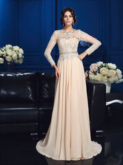 A-Line/Princess Scoop Beading Long Sleeves Long Chiffon Mother of the Bride Dresses