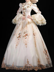 Ball Gown Elegant Vintage Halloween Quinceanera Dress High Neck Long Sleeve Floor Length Satin with Lace Insert Appliques