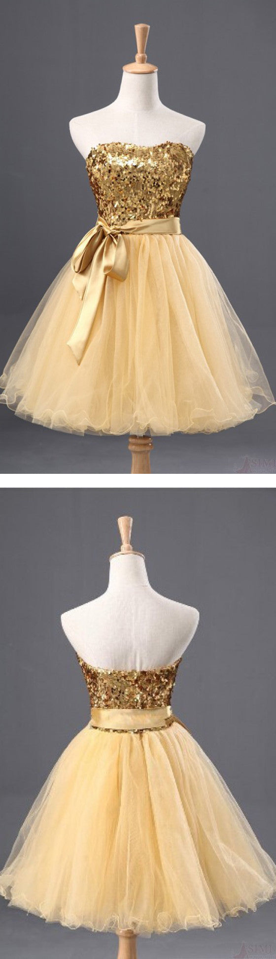 Fashion Gold Sequins Bow Sash Sweetheart Strapless Short Cute Homecoming Dresses, CM0029