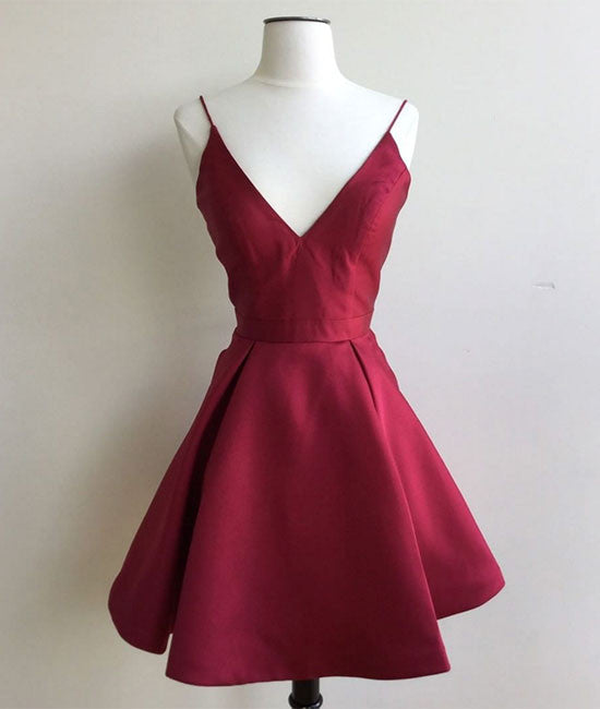 Simple v neck burgundy short prom dress, burgundy homecoming dress