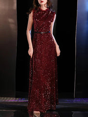 A-Line Sparkle Elegant Prom Formal Evening Dress Jewel Neck Sleeveless Floor Length Sequined with Sash / Ribbon Sequin