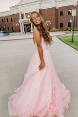 Pink tulle applique long prom dress pink tulle formal dress