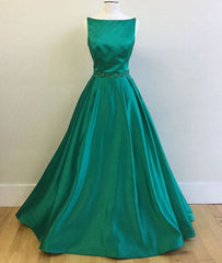 Green satin long prom dress, green evening dress
