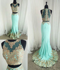 Cute two pieces green lace mermaid long prom dress, evening dress